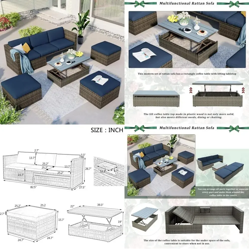 All-Weather Outdoor Patio Furniture Set， 6-Piece Sectional with Lift-Top Table and Ottomans in PE Rattan Wicker