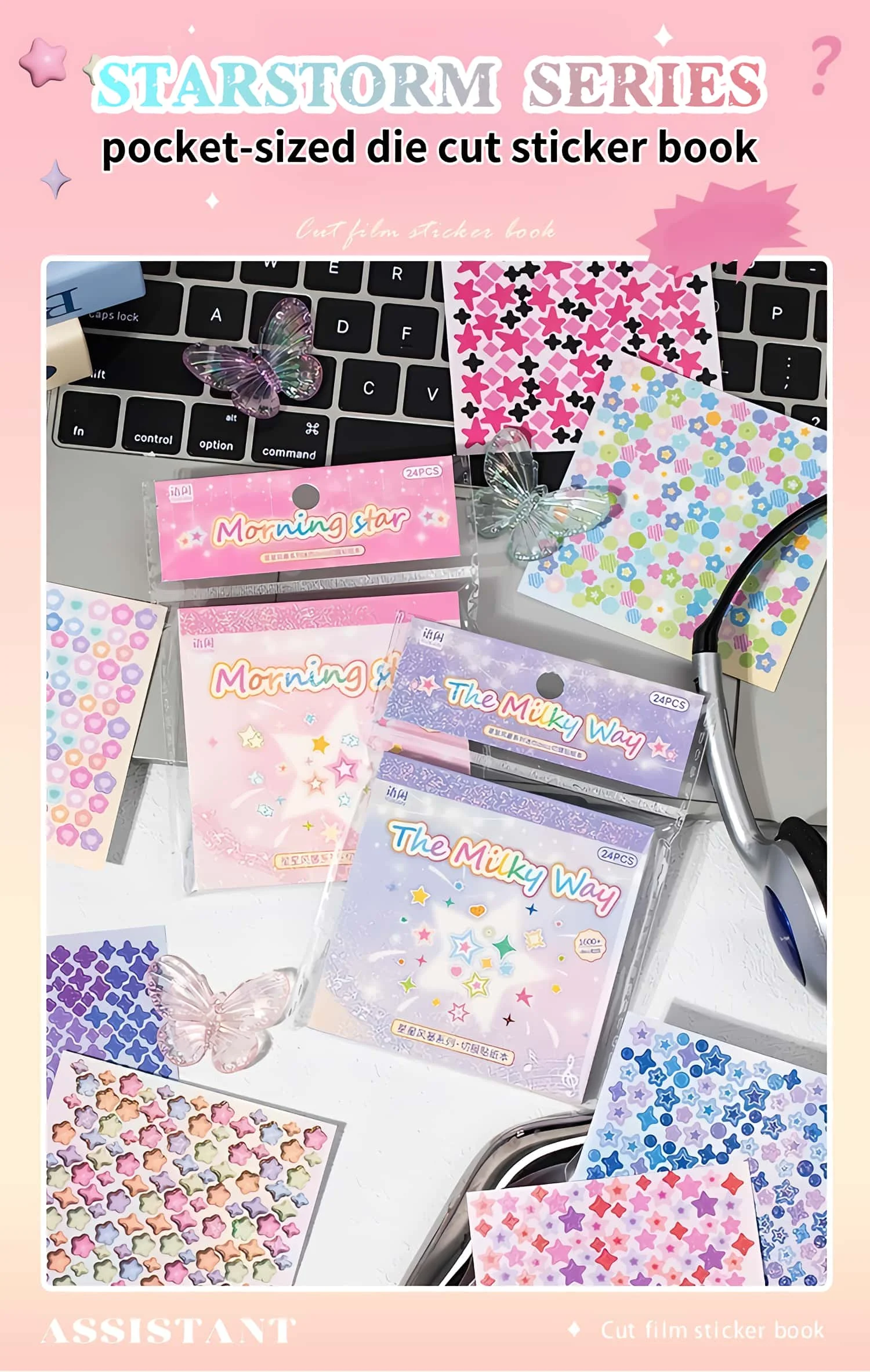 Starstorm 24 Blatt holografisches und mattes Mini-Stickerbuch, 8 x 8 cm, ästhetisches Journaling-Zubehör, Planer, Scrapbooking, Deko-Aufkleber – Detail 1
