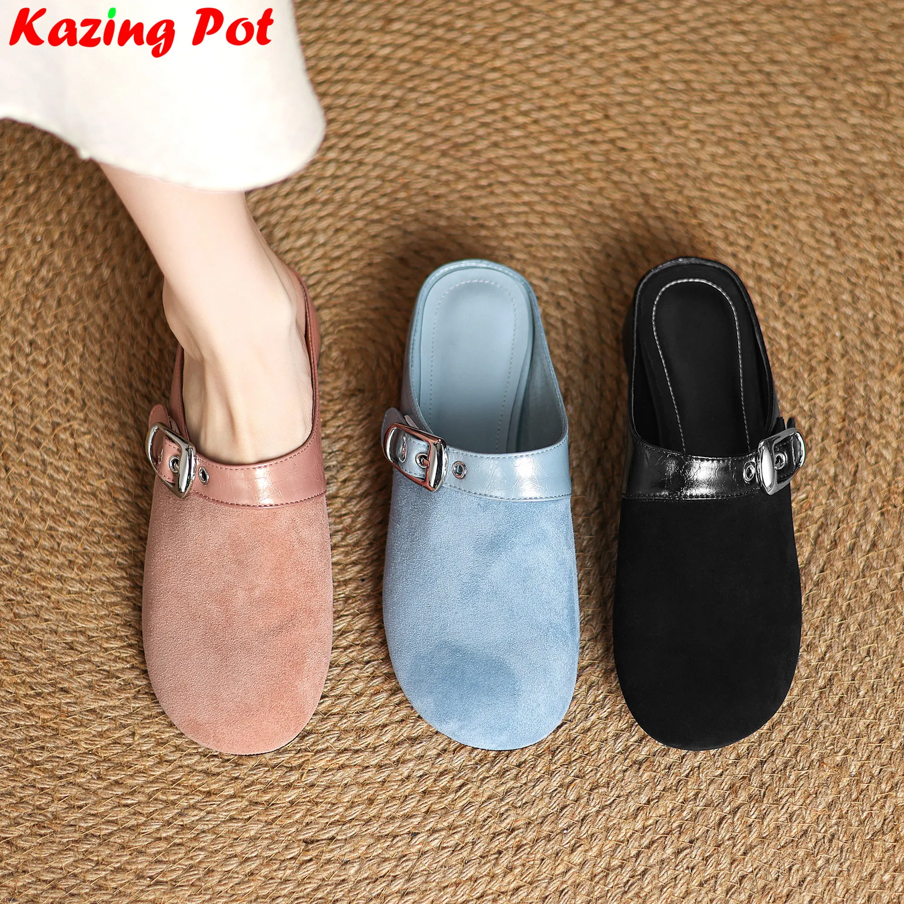 

Krazing Pot Plus Size 34-41 Sheep Suede Round Toe Med Heels Mules Belt Buckle Dating Casual Sweet Brand Women Outside Slippers