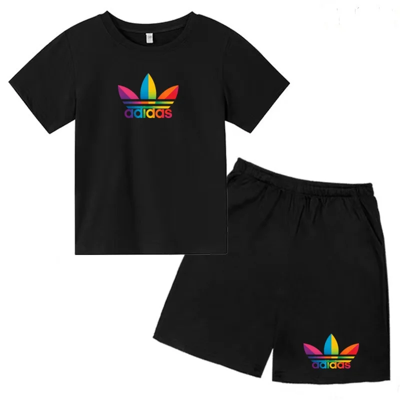 Sommer-T-Shirts für Kinder im Alter von 3-12 Jahren, Sportbekleidung für Jungen und Mädchen, Kurzarm + kurze Hosen. Marken-Set – Detail 3
