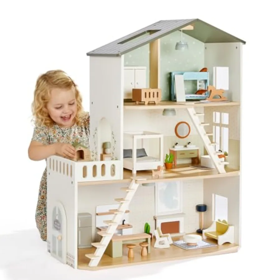 

Modern Wooden Dollhouse with Lights and 37PCS Furniture Set Nordic Style 3-Story Playhouse for Age 3+, Natural Wood Montessori