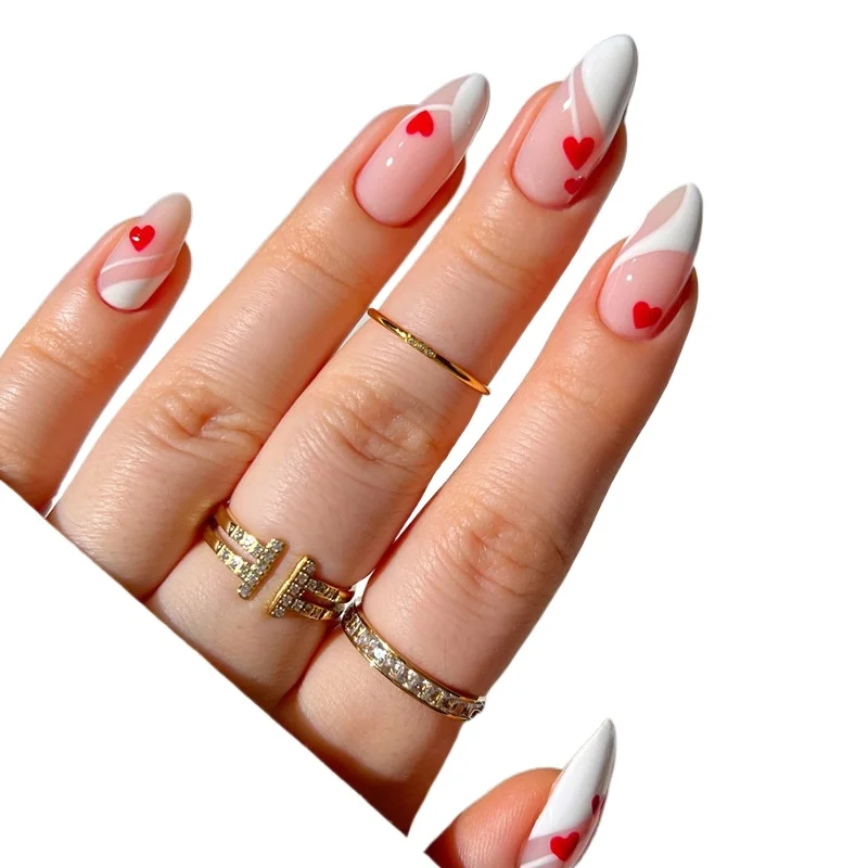 

Ношение ногтей Love с белым краем, французские накладки для ногтей, готовый продукт, съемные накладные ногти