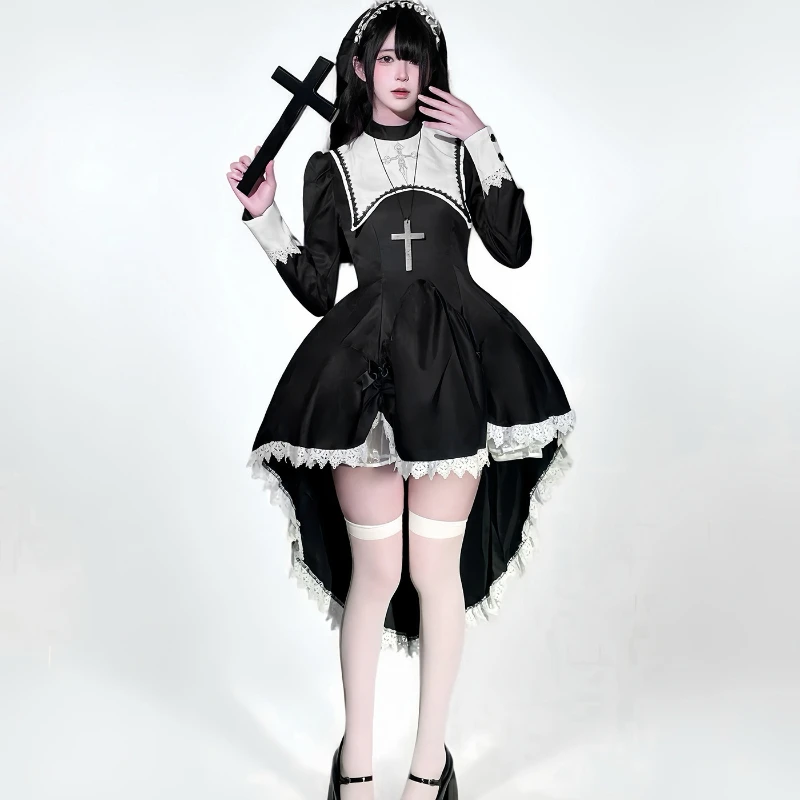 Nuevo disfraz de monja COS de Halloween: estilo oscuro dulce y fresco con cruz bordada, perfecto para ocasiones de actuación y subcultura
