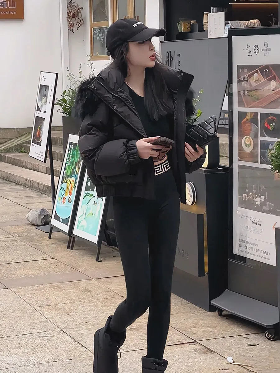 

Korean Sle ort Women's down Jaet 2025 New Winter Thiened Bread Coat White Du down Outerwear with Hat Zipper Closure