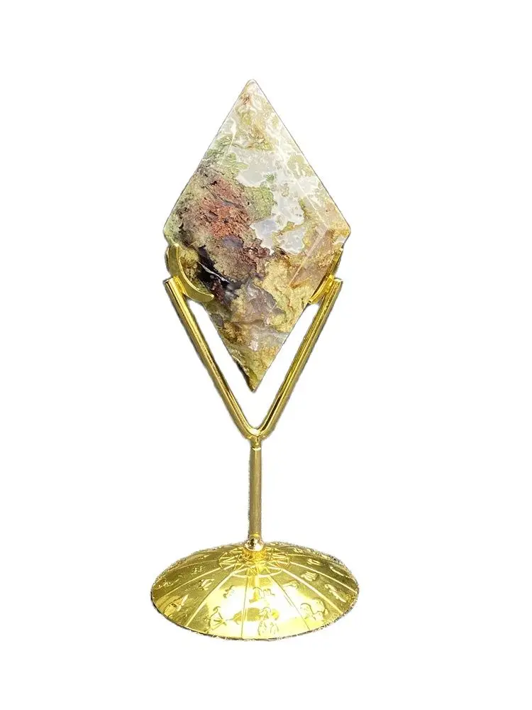 Natural Gemstone Agate Carved Diamond Ornaments Hand Polished Reiki Healing Crystal Rhombus Shape Home Decoration + Base