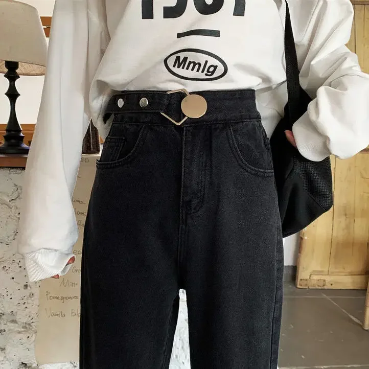 

"Single-layer / plush" high-waisted jeans female loose schoolgirl black thin straight pants female winter