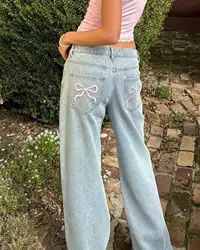 Europa en de Verenigde Staten casual comfortabele eenvoudige stijl strikborduurwerk mode rechte pijpen retro blauwe jeans ins