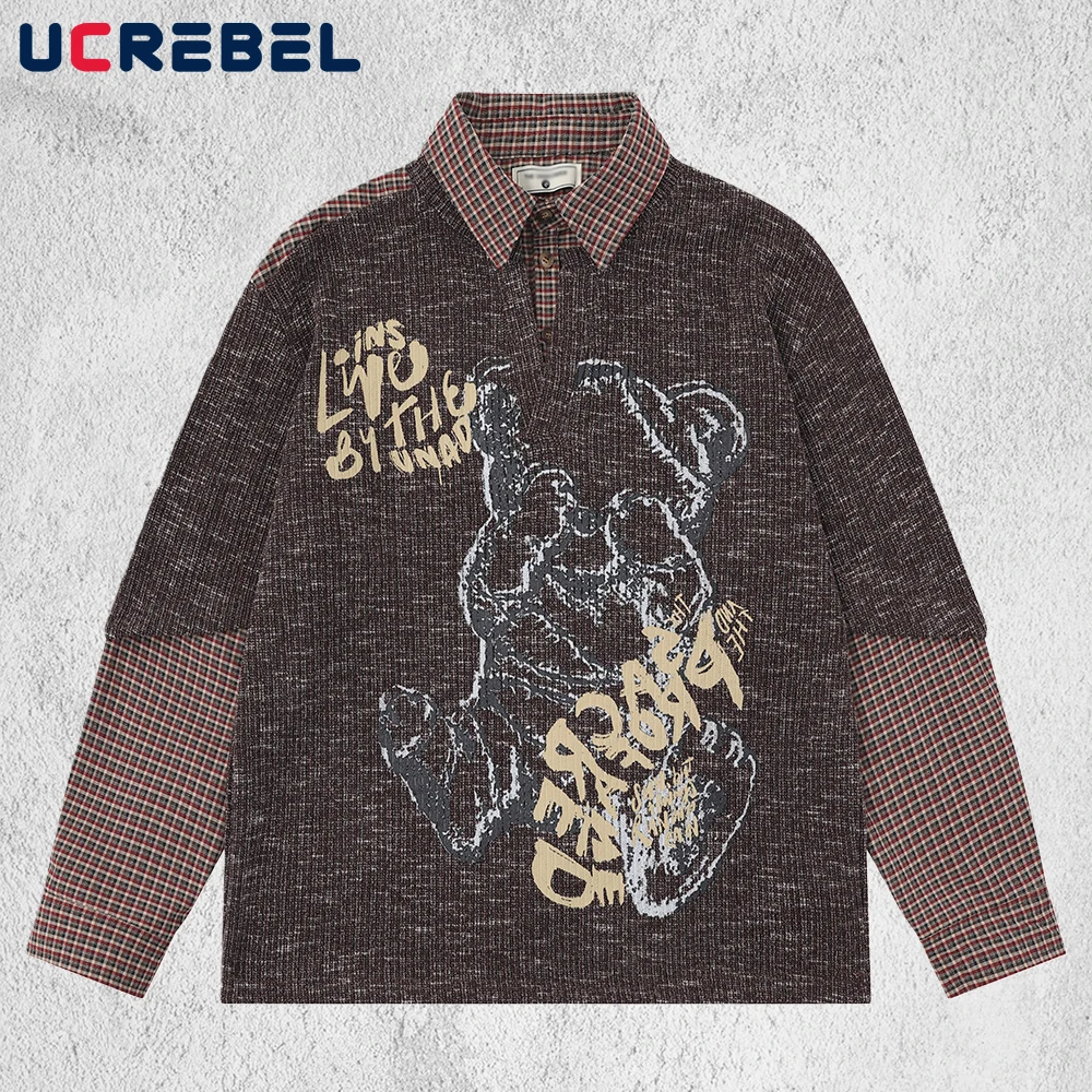 Little Bear Print Fake two-piece T-shirt Mens Plaid Patchwork Spring Retro Streetwear Lapel Long Sleeve Tshirt Man Tee