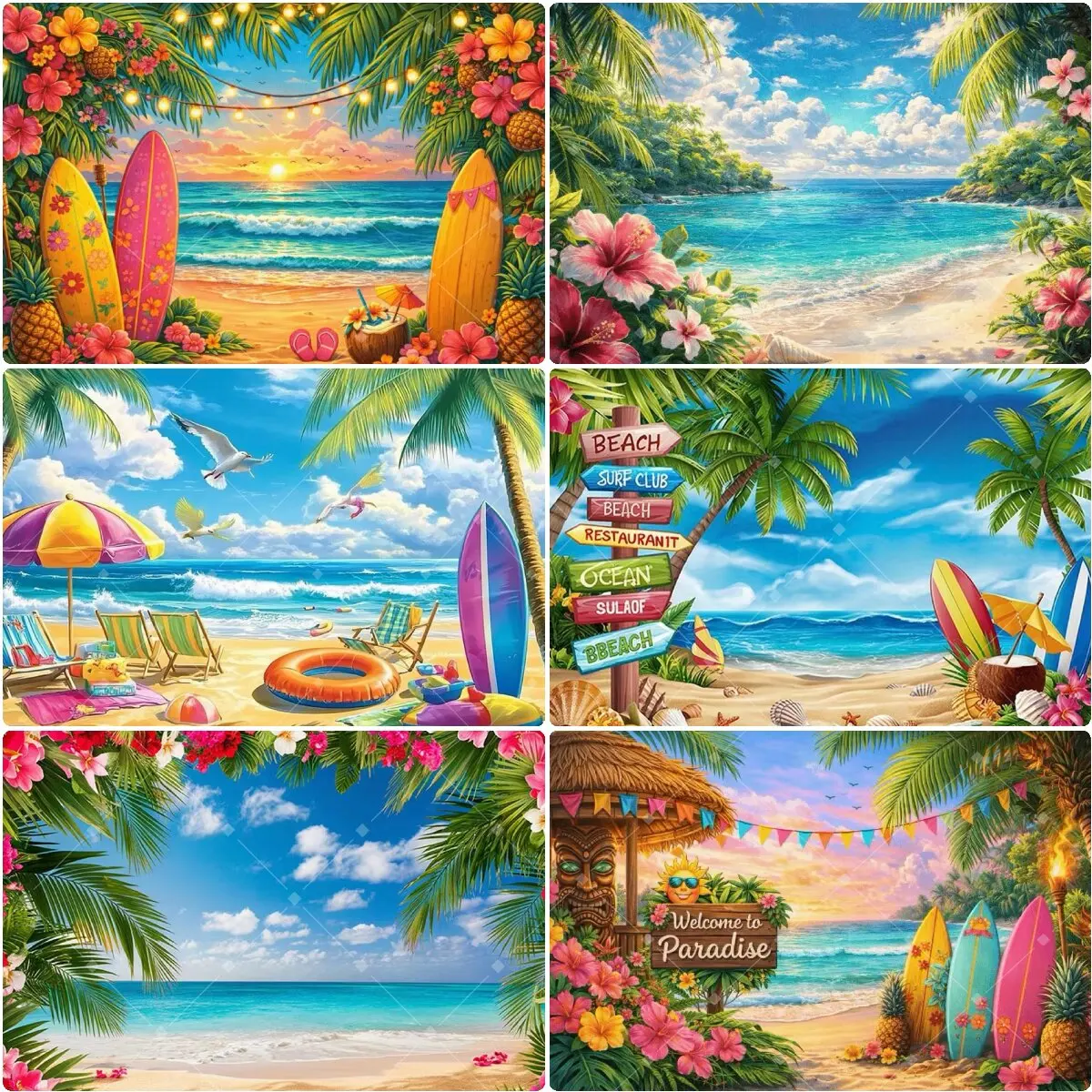 Fondo Decorativo para Fiesta Tropical en la Playa de Hawái, Palmeras Aloha, Atardecer, Póster Fotográfico, Decoración para Fiesta en la Piscina de Verano