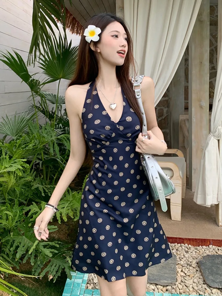 Sexy Spicy Girl V-Neck Print Hanging Neck Dress Women's Summer New Design Slim Fit Short Skirt Korean Style Commute Pure Color