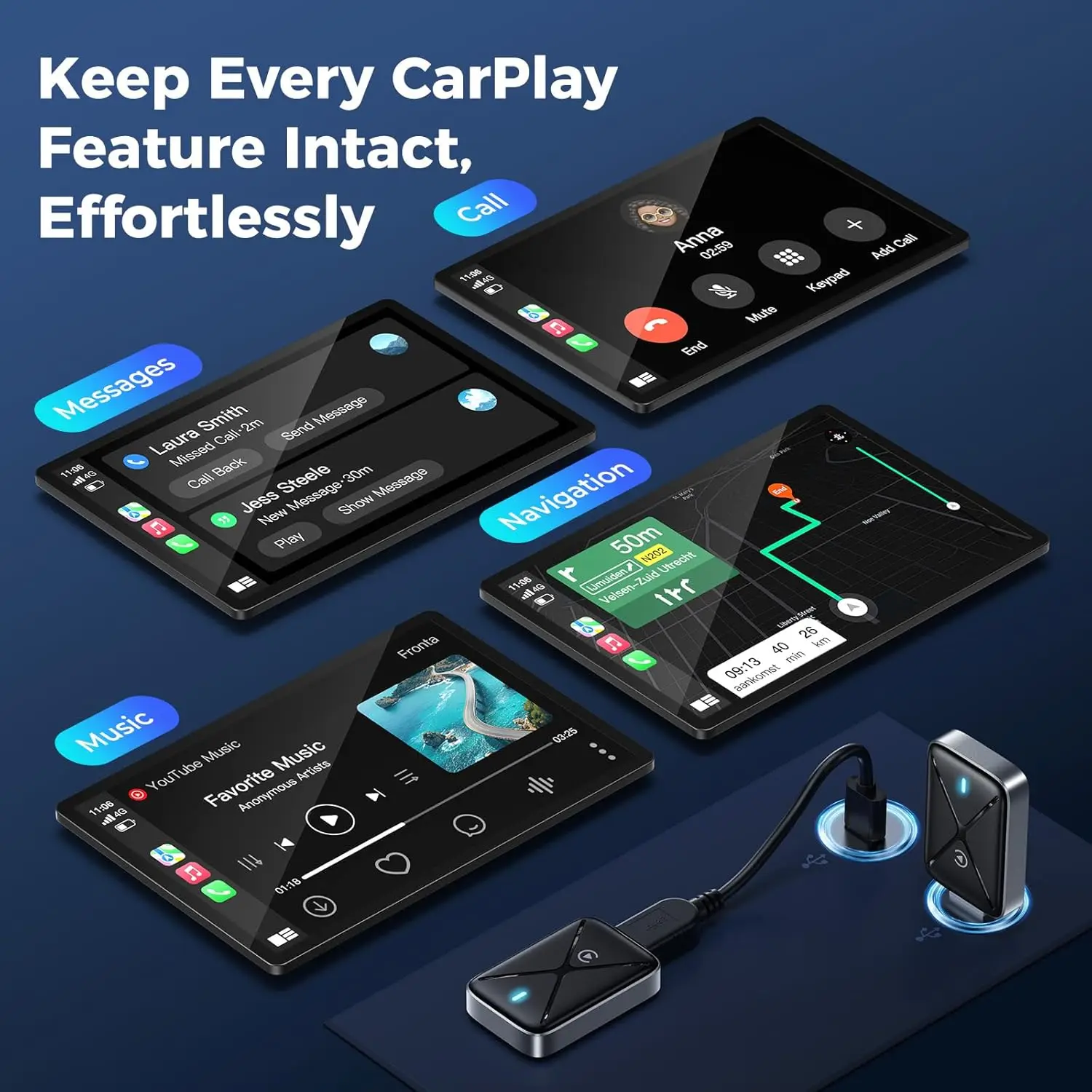 Adaptador CarPlay sem fio para iPhone Adaptador Apple CarPlay, converte cabo para cabo sem fio, USB e USB-C, sem atraso