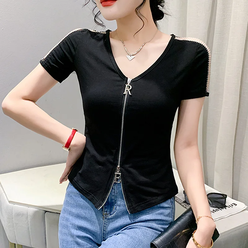 

#5565 Black Green Yellow Orange Hip Hop T Shirt Women Cotton V-nezk Zipper Hollow Out Short Sleeve T Shirt Sexy Women's T-shirt