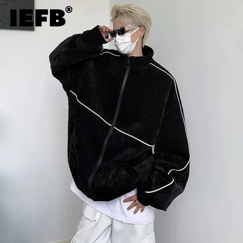 IEFB American Style Men's Jackets Loose Stand Collar Vertical Stripe Contrast Color Tops Zippers Casual Male Coat Trendy 9C6596