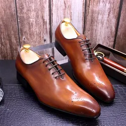 Oxfords Men Genuine Leather Men Shoes Whole Cut Fashion Formal Pointed Toe Formal Business Male Wedding Dress Shoes