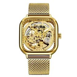 Relojes de marca CURDDEN para hombre, banda de acero inoxidable a la moda, reloj mecánico automático calado dorado, reloj Masculino Ouro