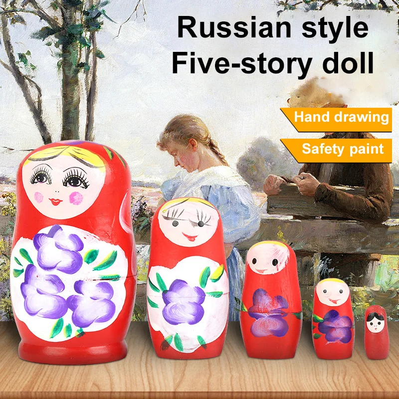 Wooden Russian Nesting Dolls Handmade Crafts 5-piece Matryoshka Dolls Set Hand Painted Crafted Doll Home Decor Toys For Children