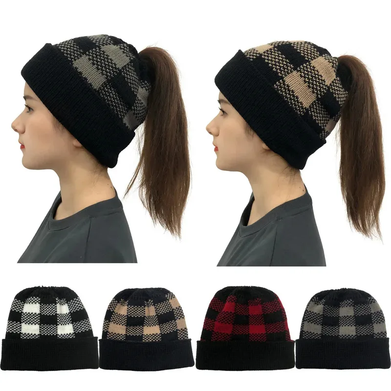 1 pc New Women Autumn Winter Ponytail Beanie Hat Grid Lady Stretch Knitted Crochet Beanies Hat Cap With Ponytail Hole