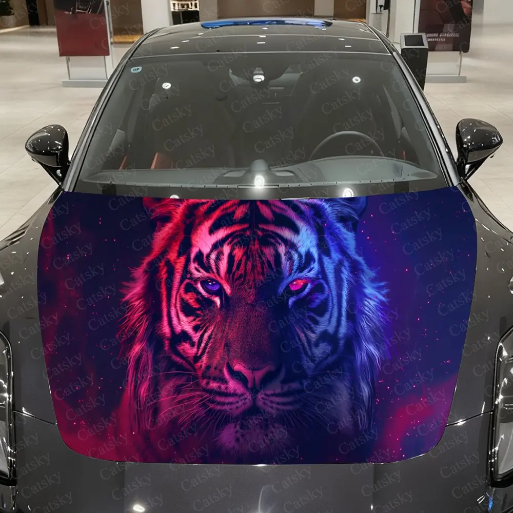 Cyber Tiger Shadow Car Vinyl Wrap, PVC Material Waterproof Car Hood Sticker, Self-Adhesive Scratch-Resistant Stickers for Engine