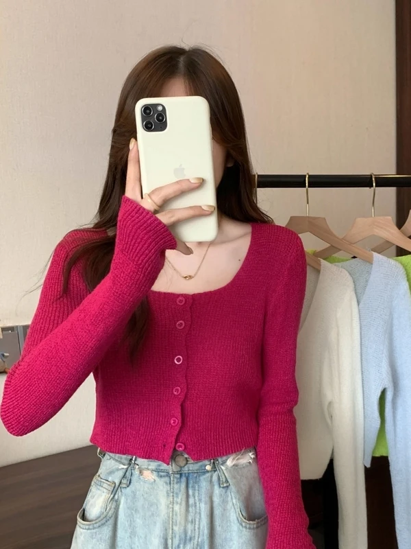 

Приталенный вязаный свитер с квадратным вырезом и длинными рукавами для женщин, модный, весна-осень 2025, новый стиль, удобный, дышащий