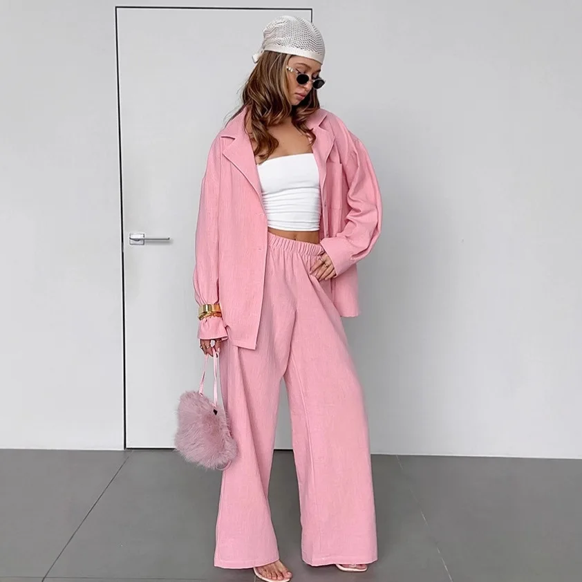 

Минималистичные осенние женские комплекты из 100% хлопка, рубашка на пуговицах с отложным воротником для женщин, женские широкие брюки с эластичной резинкой на талии