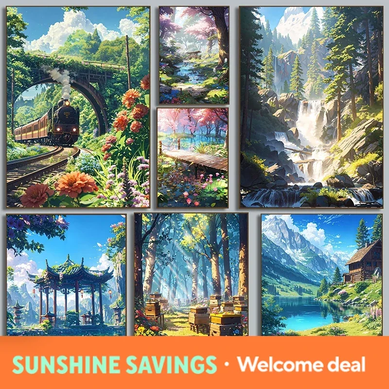 Spectacular Views Wildflower Field Poster Scenic Nature Mountain Valley Spring Summer Landscape Canvas Paintings Wall Home De