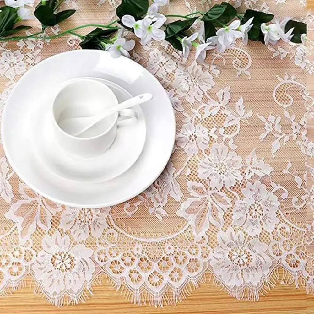 White Color Lace Table Runner Floral Embroidery European Style Vintage Table Runners Soft Rectangular Shape