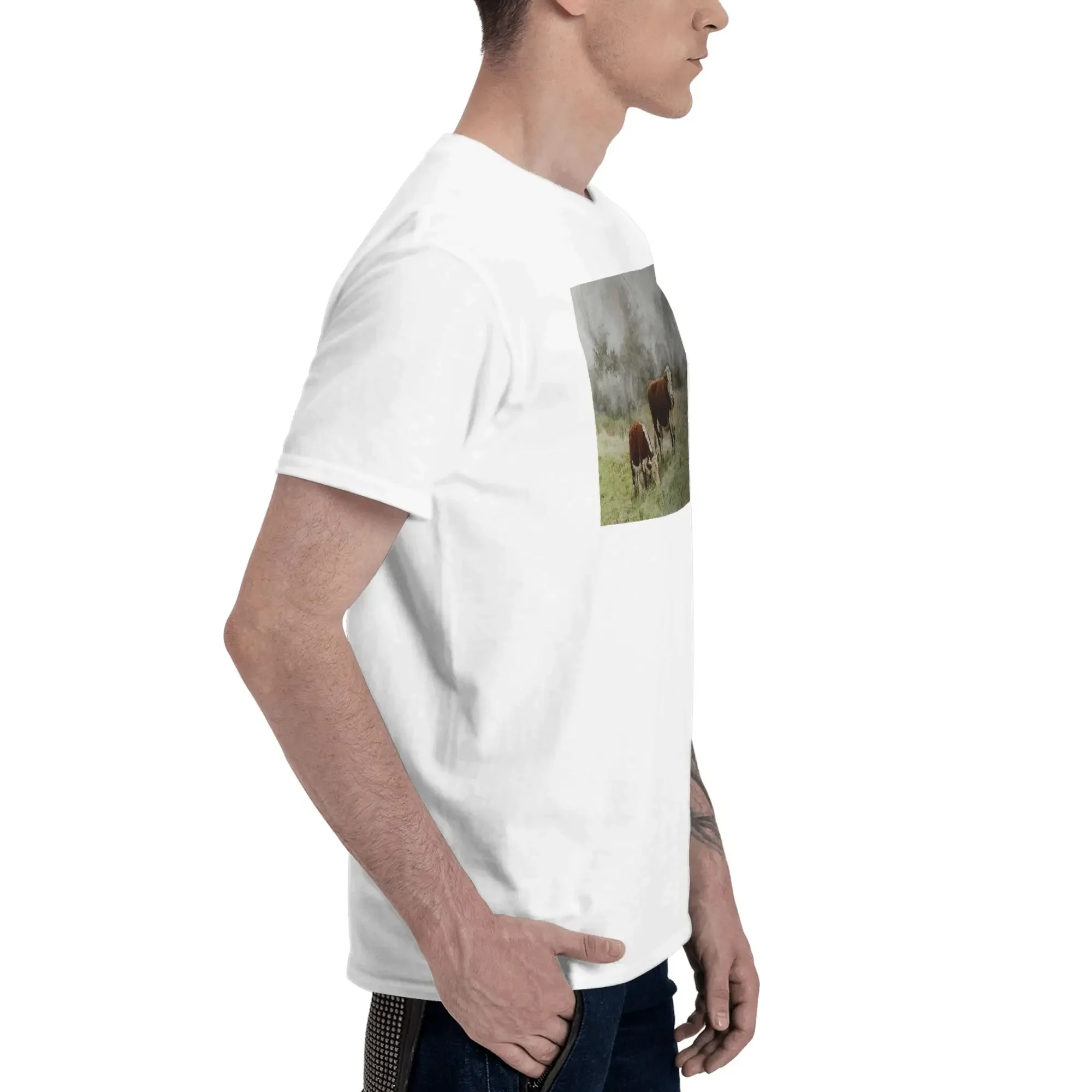 Hereford Bull and Cow Watercolour Photograph Men T-Shirt Oversized T Shirts Men's O-Neck Cotton Tees Short Summer Male