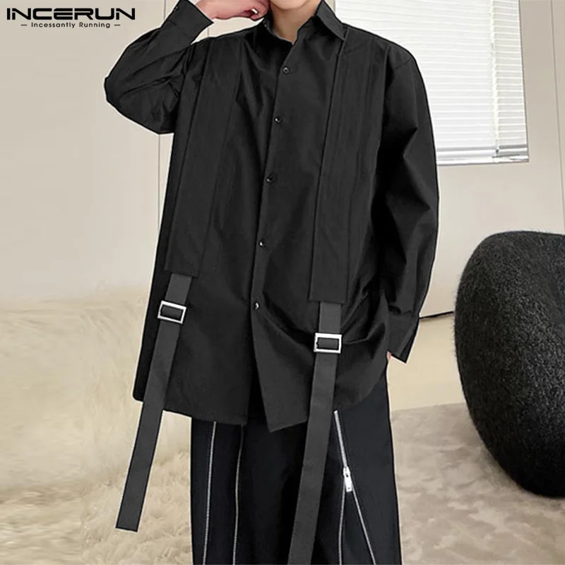 INCERUN Tops Korean Style Stylish New Men's Buckle Strap Pleated Design Shirts Casual Streetwear Solid Long Sleeved Blouse S-5XL