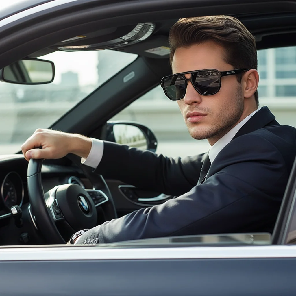 Doppelstilzylinder-Retro-Sonnenbrille für den Urlaub, Piloten-Stil, großer Rahmen, schwarze Farbe. Sonnenbrille für Autofahrer 9026