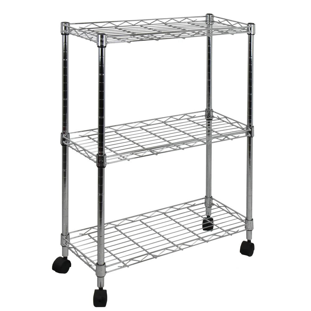3-Tier Chrome Utility Cart Adjustable Shelving Rolling Storage Cart with Raised Borders Durable Steel Easy Assembly Home Office