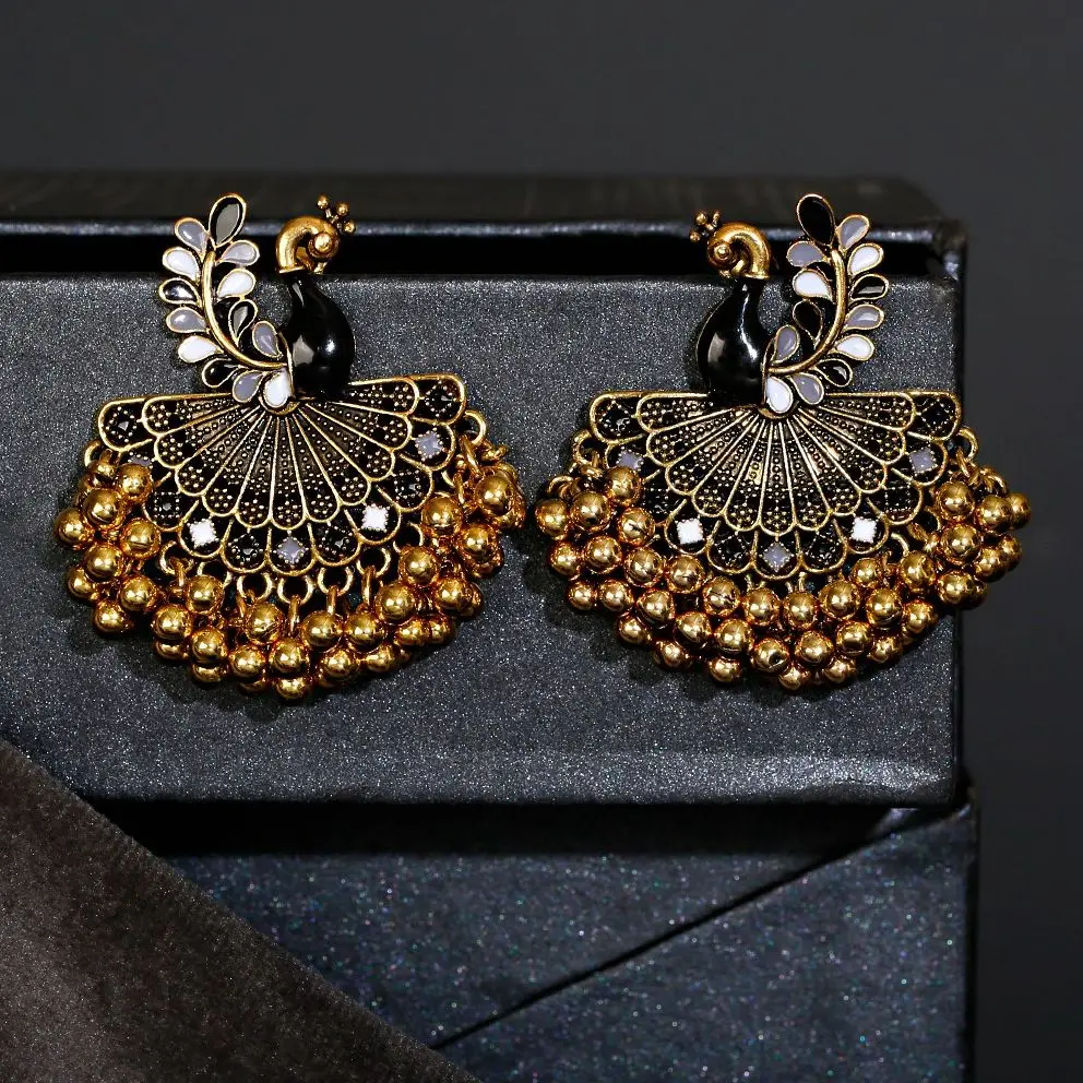Ethnic Vintage Women\'s Blue Peacock Earrings Alloy Bollywood Oxidized Gold Color Beads Tassel Jhumka Dangle Earrings