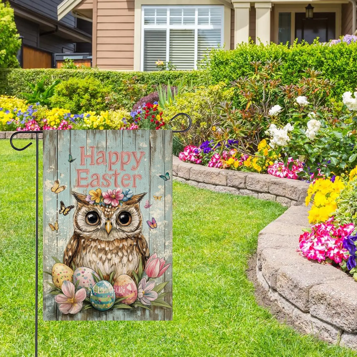 KEEPAEON Happy Easter Owl Garden Flag Double Sided Vertical Burlap 12x18 Inch Rabbit Outdoor Yard Farmhouse Owl Decor (14973 uui