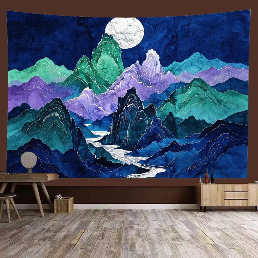 VIKAMA Blue Marble Mountain Tapestry - Gold Moon River Abstract Wall Hanging for Living Room Bedroom Modern Luxury Decor