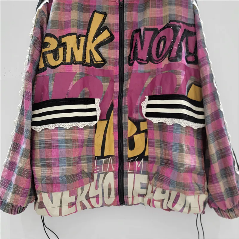 European Trendy Brand Hoodies 2025 Summer Loose Large Version Color Matching Hooded Plaid Cartoon Sunscreen Jacket Women's Top