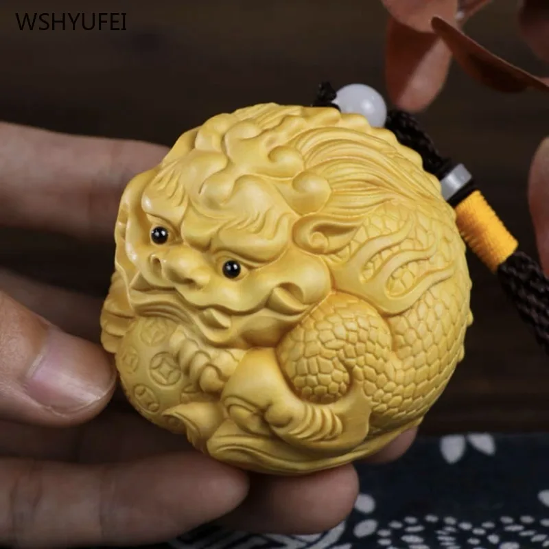 

Boxwood carving Flat Pixiu Handle piece Men's portable stationery Wooden crafts Zhaocai ornaments