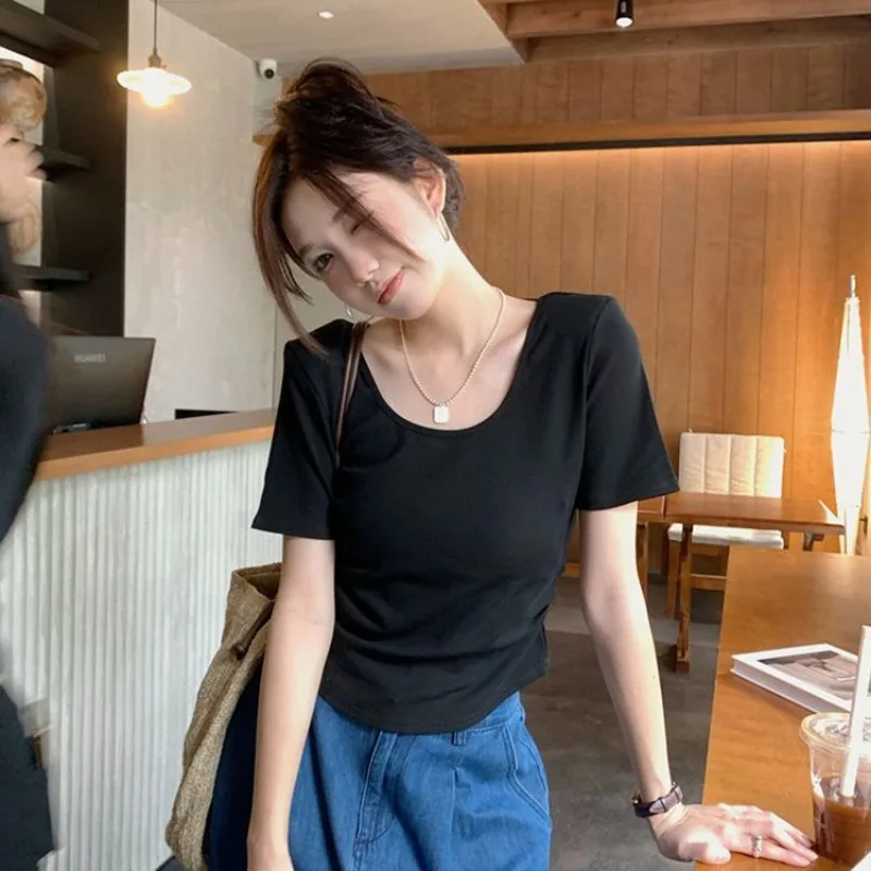 Women Summer Backless Slim Fit Short Sleeve T-Shirt Girl Ladies Slimming Cropped Top Woman Casual Streetwear Teen Back-to-School