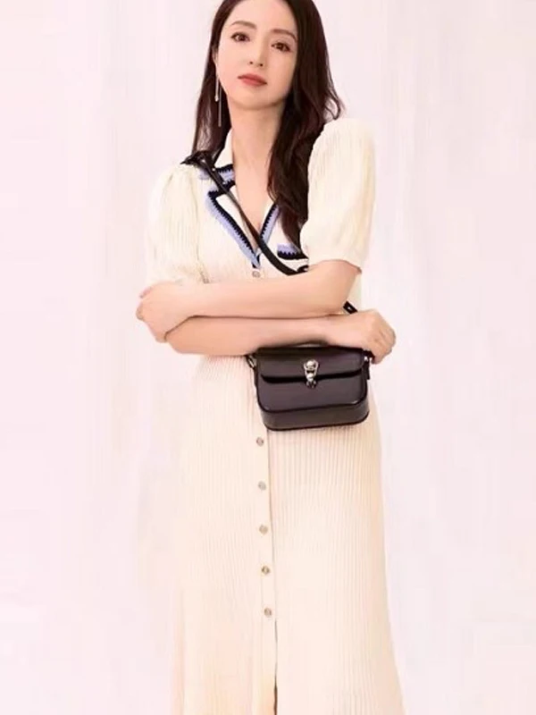 

Женское вязаное платье А-силуэта с V-образным вырезом, вышивкой буквами, цветными блоками, рукавами-фонариками, высокой талией, из шерсти, повседневное, длинное