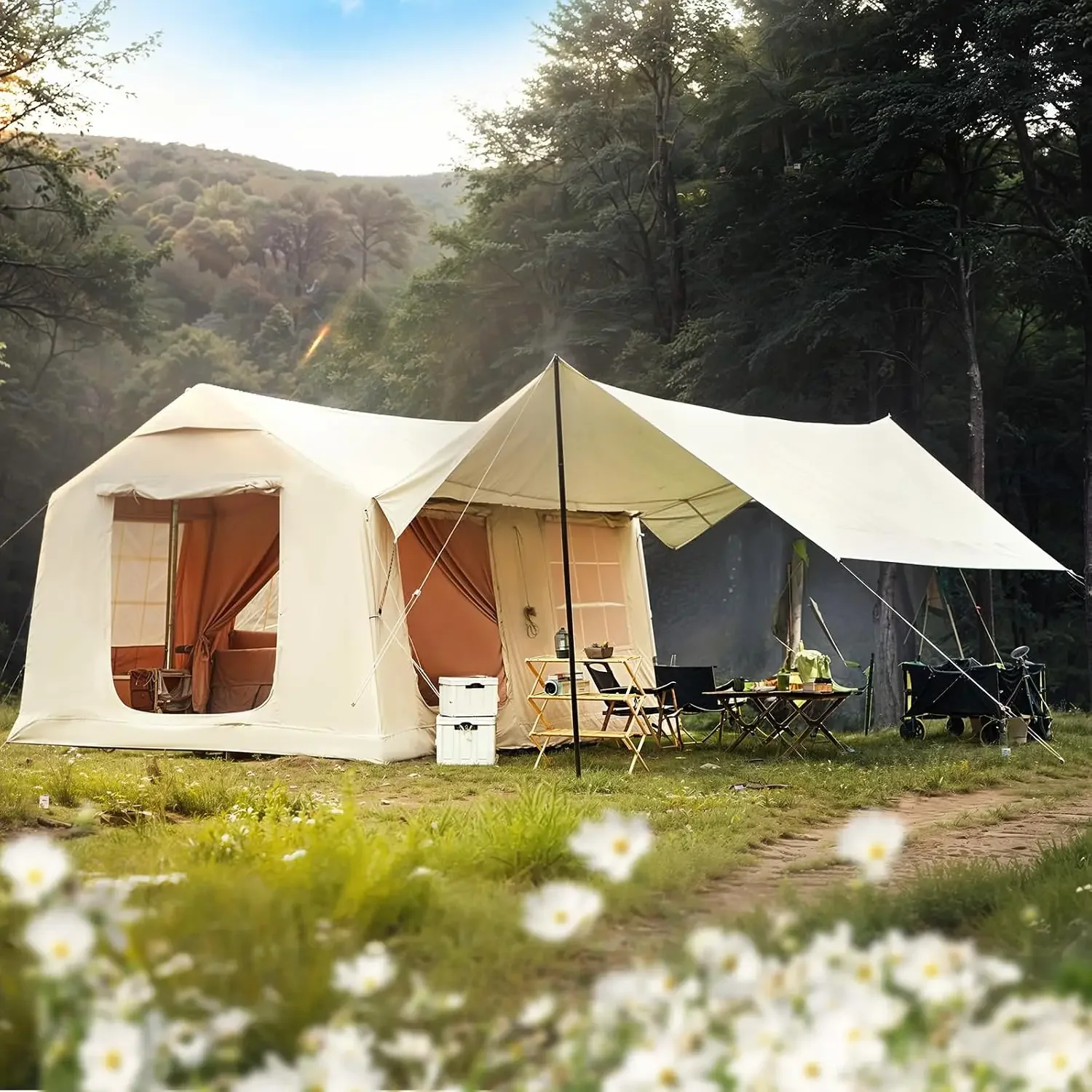 Family Inflatable Tents for Camping with Oversized Canopy, Oxford Cloth, with Stove Jack, Hand Pump, 8-10 People,, Customized