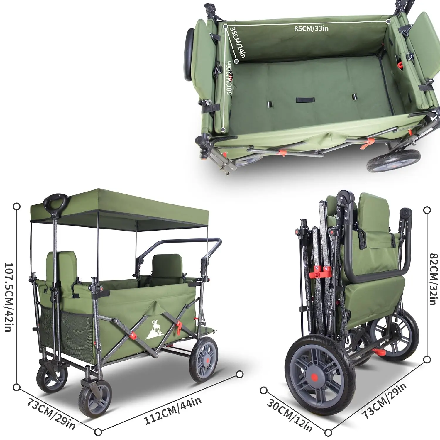 Collapsible Wagon Cart with 2 Foldable Seats, Green, Customized