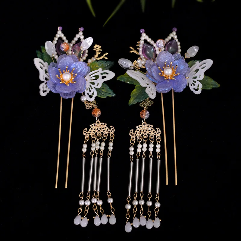 Chinese Hair Accessories Set Ancient Hanfu Hair Sticks Tassel Flower Hairpin Set Wedding Hair Jewelry Retro Cosplay Headpiece