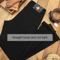 Pantalones vaqueros rectos negros puros de alta gama para hombres, moda de primavera y otoño, pantalones casuales elásticos clásicos de negocios que combinan con todo
