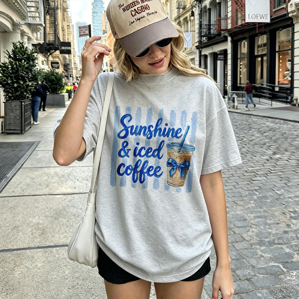 Women Blue Stripe Sunshine & Iced Coffee Bow Print T Shirt Handwritten Letter Graphic Cotton Casual Daily Vacation Summer Tops