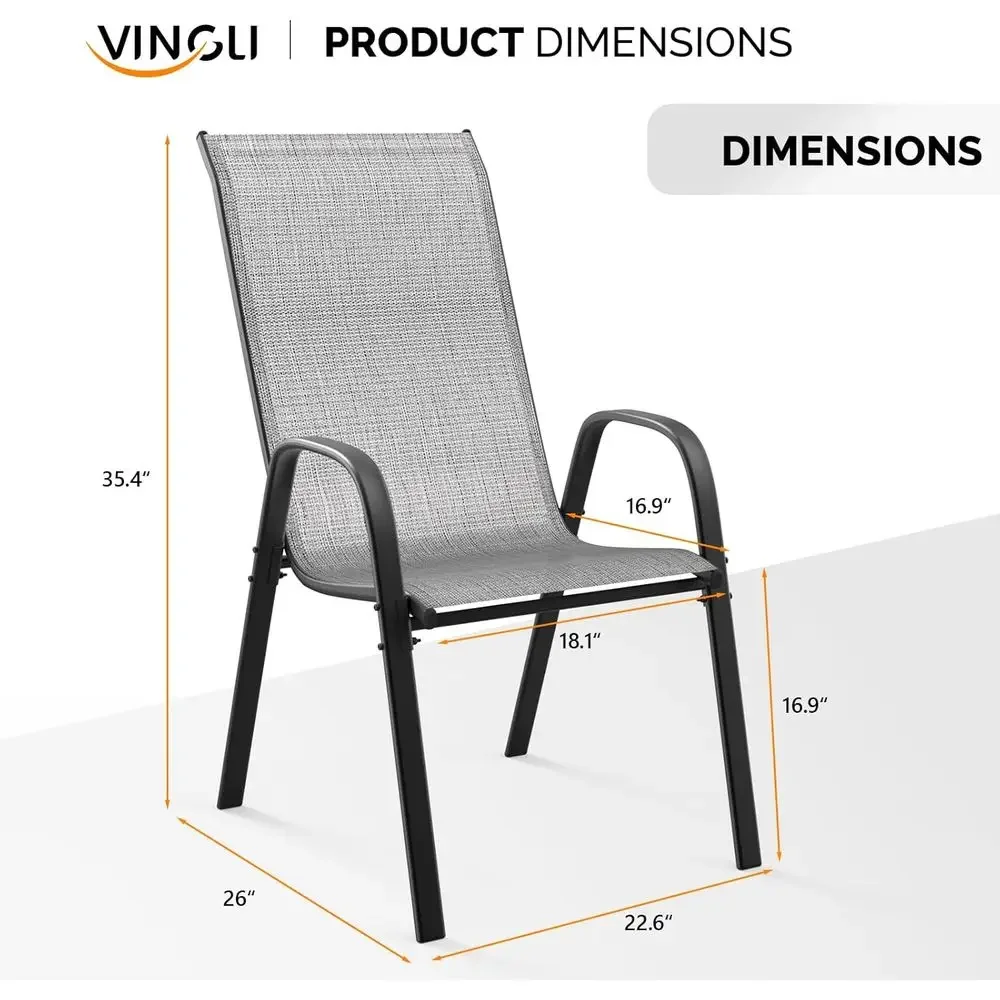 Stackable Outdoor Dining Chairs Set of 4: Comfortable Sling High Back with Armrests for Patio, Lawn, Poolside, Courtyard, Balcon