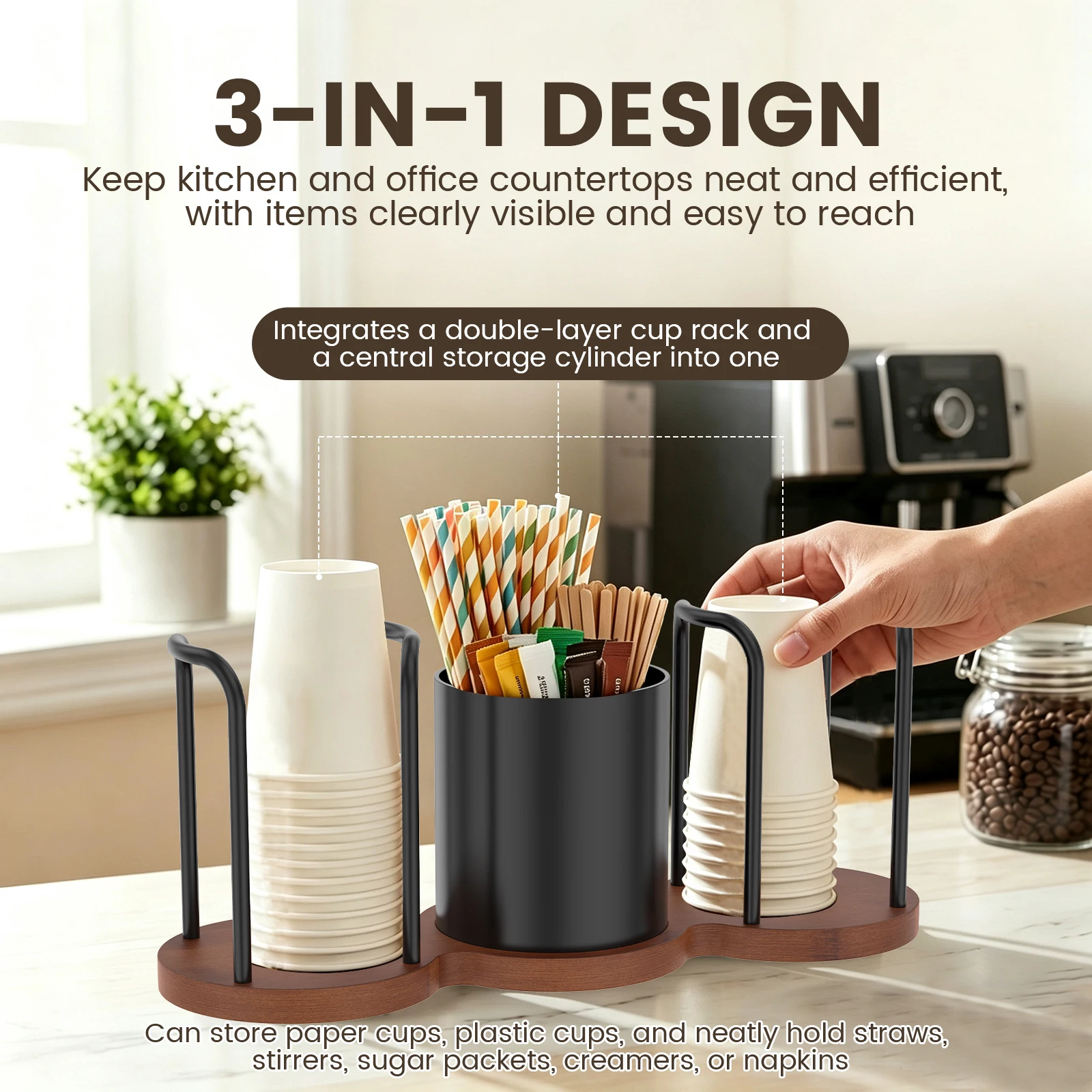 3 in 1 Disposable Cup Storage Holder Water Tea Cups Dispenser Rack Cup and Lid Holder Coffee Cup Storage Shelf for Kitchen Decor