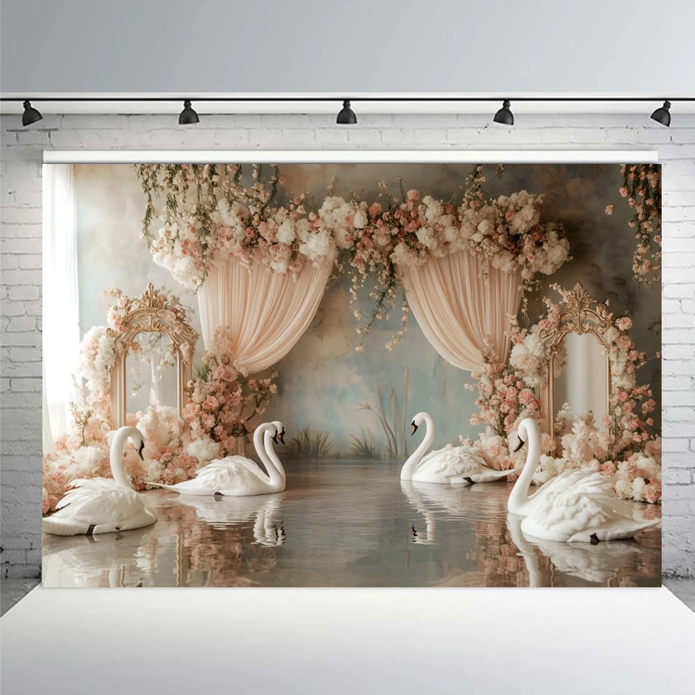 الزهور الوردية البجعات البيضاء Frolicking خلفية الربيع نهر المشهد الطبيعي استحمام الطفل الفتيات 1st حفلة عيد ميلاد صور الدعائم