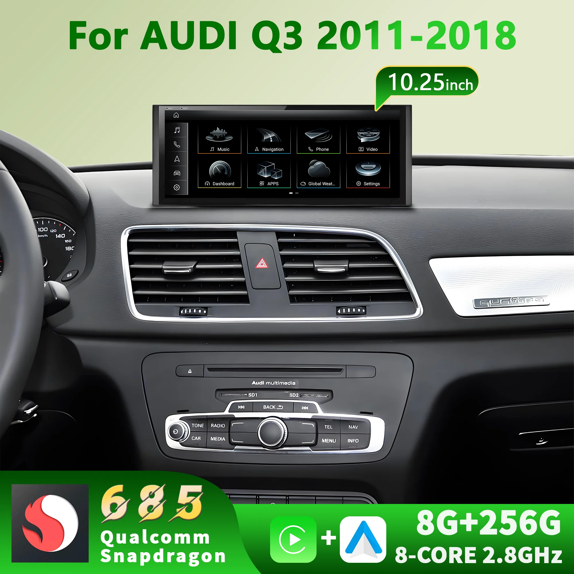 10.25 inch For AUDI Q3 2011 - 2018 Android 14 Snapdragon 680 Car Radio Multimedia Bluetooth Carplay GPS Navigation Touch Screen