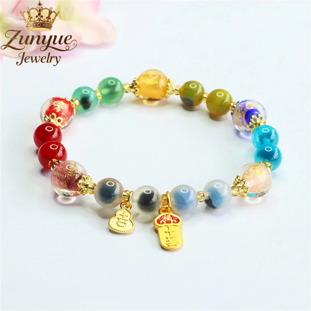 

Natural Sugar Heart Agate Colorful Gold Foil Fragrant Grey Glaze Bracelet Luxury Quality Fashion Fine Jewelry Exquisite Elegant