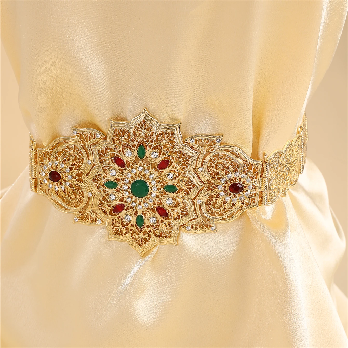 Moroccan Abaya Women'S Metal Waist Chain Hollowed-Out Flower Shape Large Rhinestone Decorative Belt For Bridal Wedding Dress