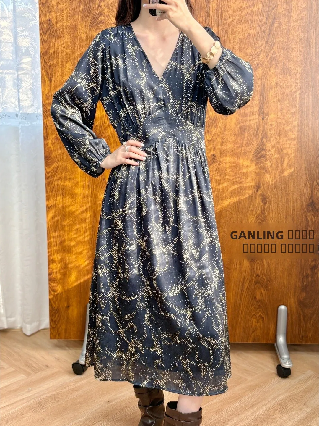 

Ele V-Ne Midi Dr Silk Bubble Sve Star Spot Print Early Spring New Sle Women's Daily Faion Stand Fit A-Line...