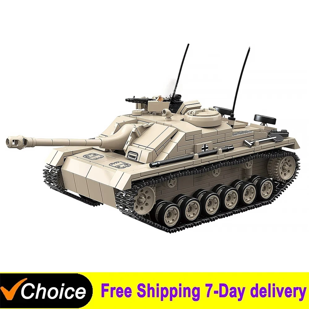 WW2 النموذج الكلاسيكي العسكري Sturmgeschütz III Ausf. مكعبات بناء دبابة G مع 4 جنود وألعاب أسلحة لهدايا عيد الميلاد للأطفال